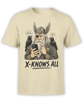 Beige T-shirt with a bearded winged oracle, two ravens, smartphone, and “X-KNOWS ALL” graphic