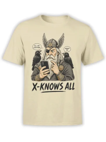 Beige T-shirt with a bearded winged oracle, two ravens, smartphone, and “X-KNOWS ALL” graphic