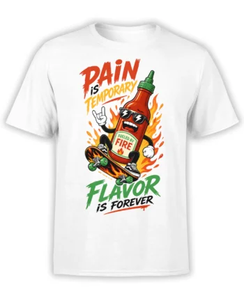 White T-shirt with a fiery hot sauce bottle wearing sunglasses and riding a flaming skateboard