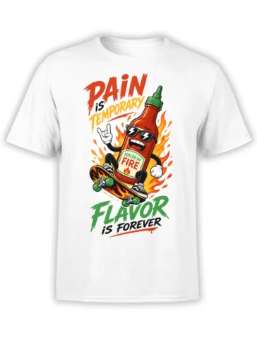 White T-shirt with a fiery hot sauce bottle wearing sunglasses and riding a flaming skateboard