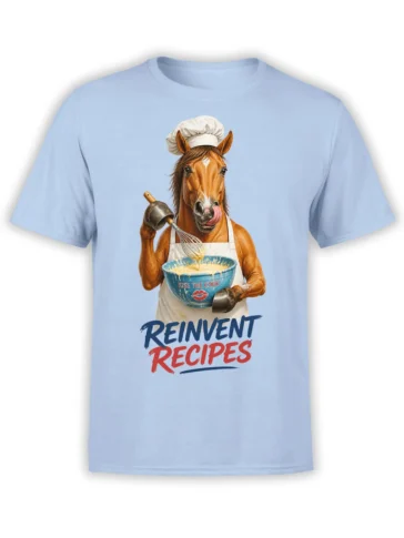 Light blue T-shirt with a brown horse chef holding a whisk and bowl under “Reinvent Recipes” lettering