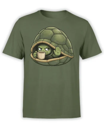 Grumpy green turtle inside a shell holding coffee and raising a stop hand on a green T-shirt