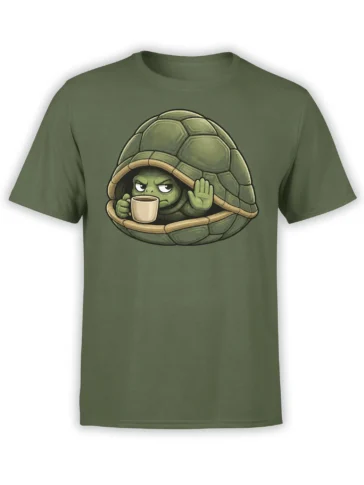 Grumpy green turtle inside a shell holding coffee and raising a stop hand on a green T-shirt