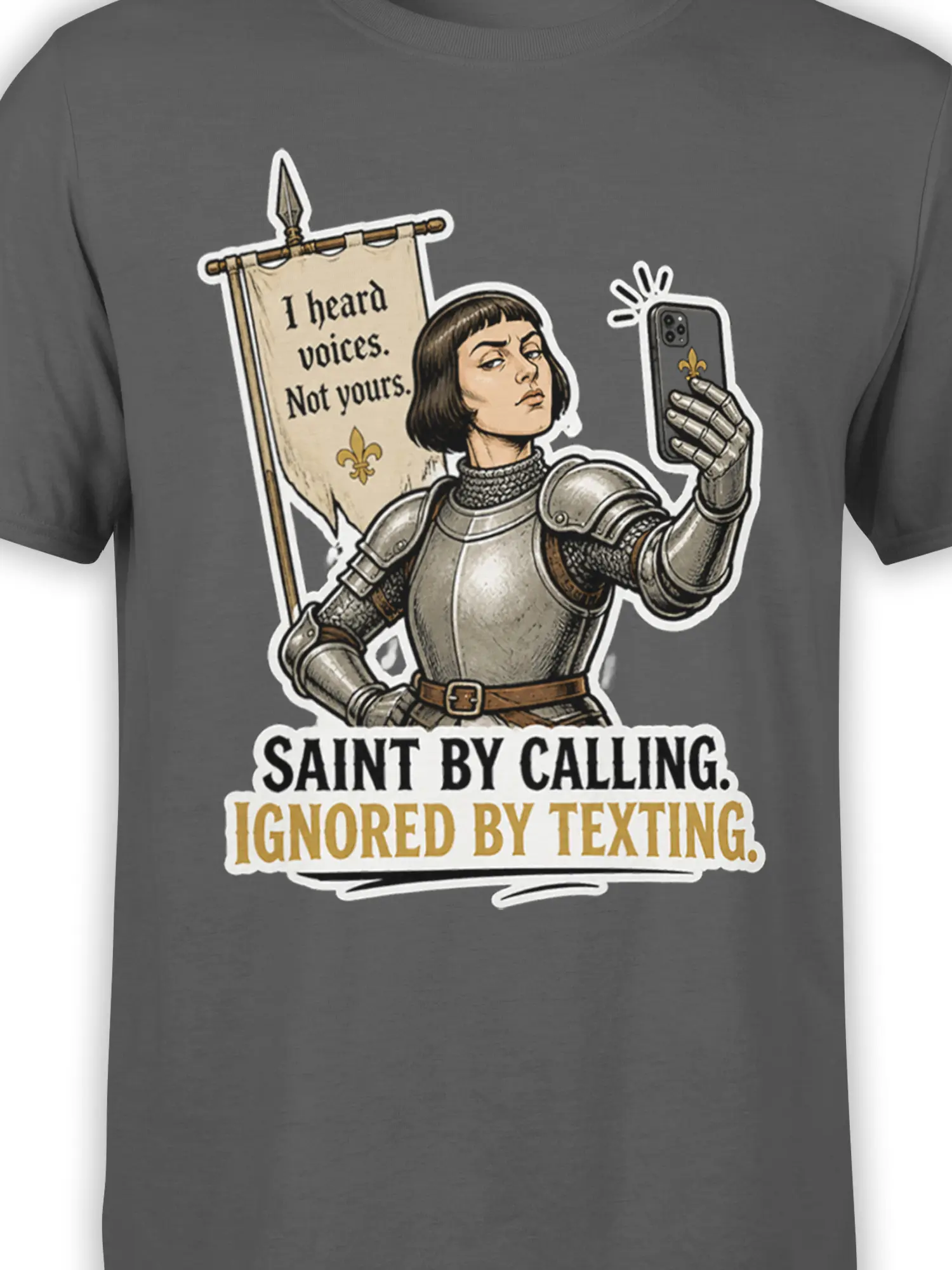 Close-up of armored woman holding a smartphone beside a banner with funny texting phrases