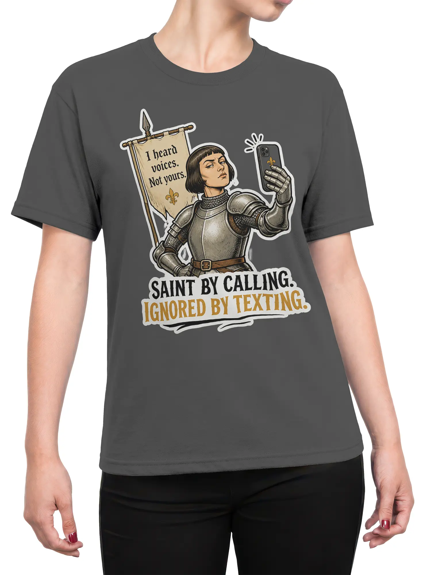 Female torso wearing a gray T-shirt with an armored woman and sarcastic smartphone design