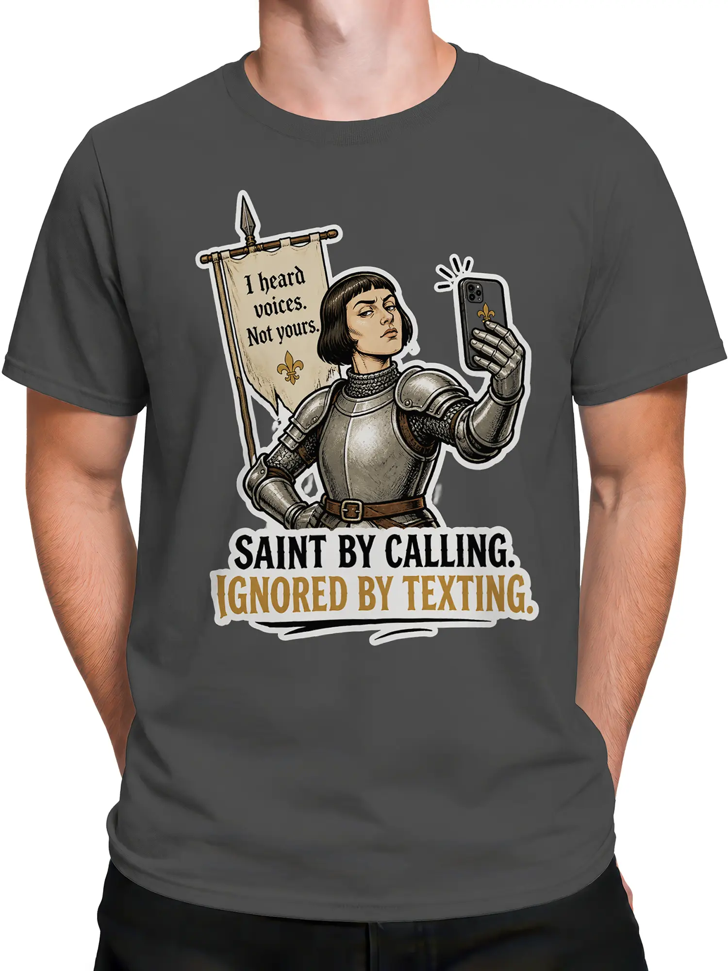 Male torso wearing a gray T-shirt with a medieval armored woman and phone humor design