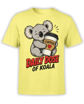 Yellow T-shirt with a smiling koala hugging a coffee cup and Daily Dose of Koala lettering