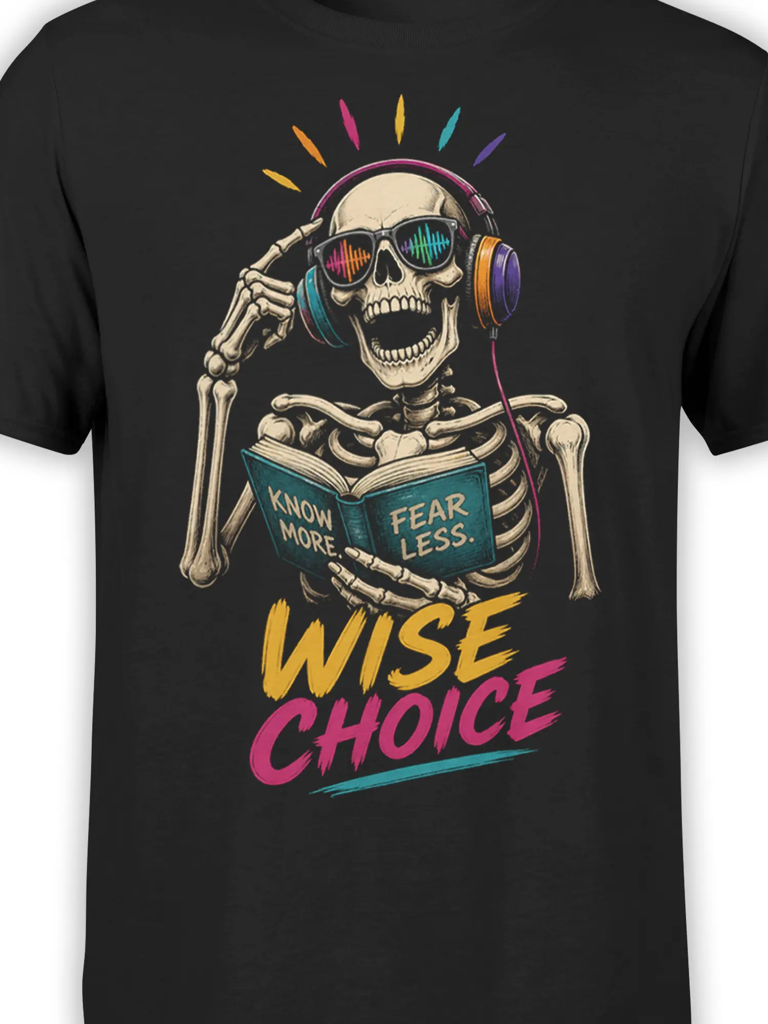 Close-up of colorful skeleton artwork on a black T-shirt with headphones, sunglasses, and an open book