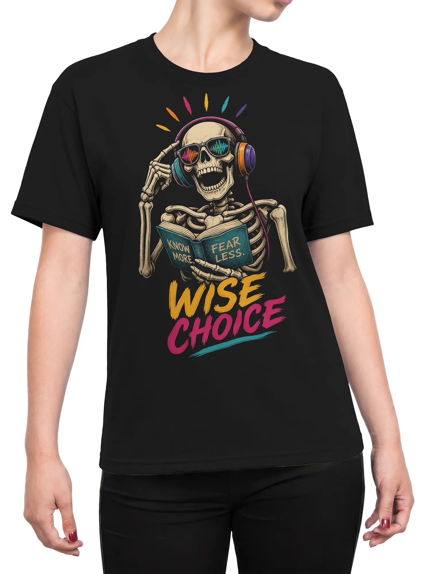 Female torso wearing a black skeleton T-shirt with colorful headphones, book artwork, and Wise Choice lettering