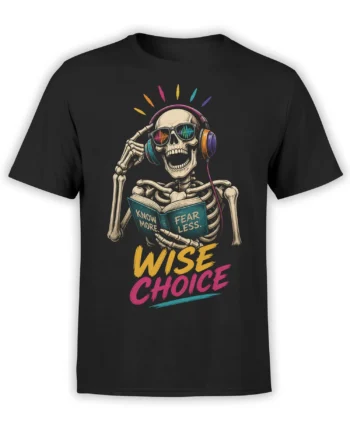 Black skeleton T-shirt with headphones, sunglasses, open book, and colorful Know More Fear Less lettering