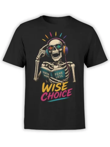 Black skeleton T-shirt with headphones, sunglasses, open book, and colorful Know More Fear Less lettering