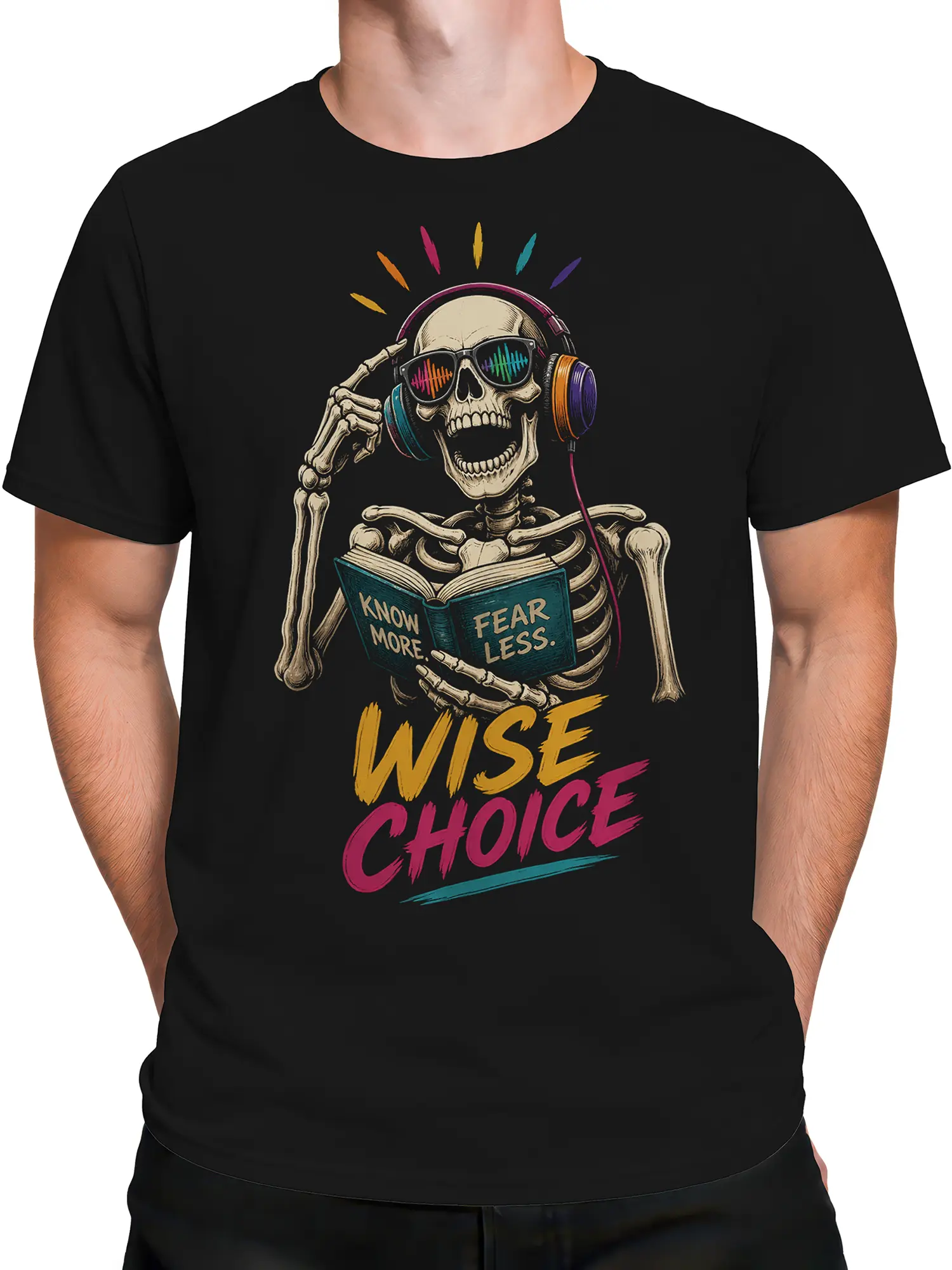 Male torso wearing a black skeleton graphic tee with headphones, sunglasses, book, and colorful lettering