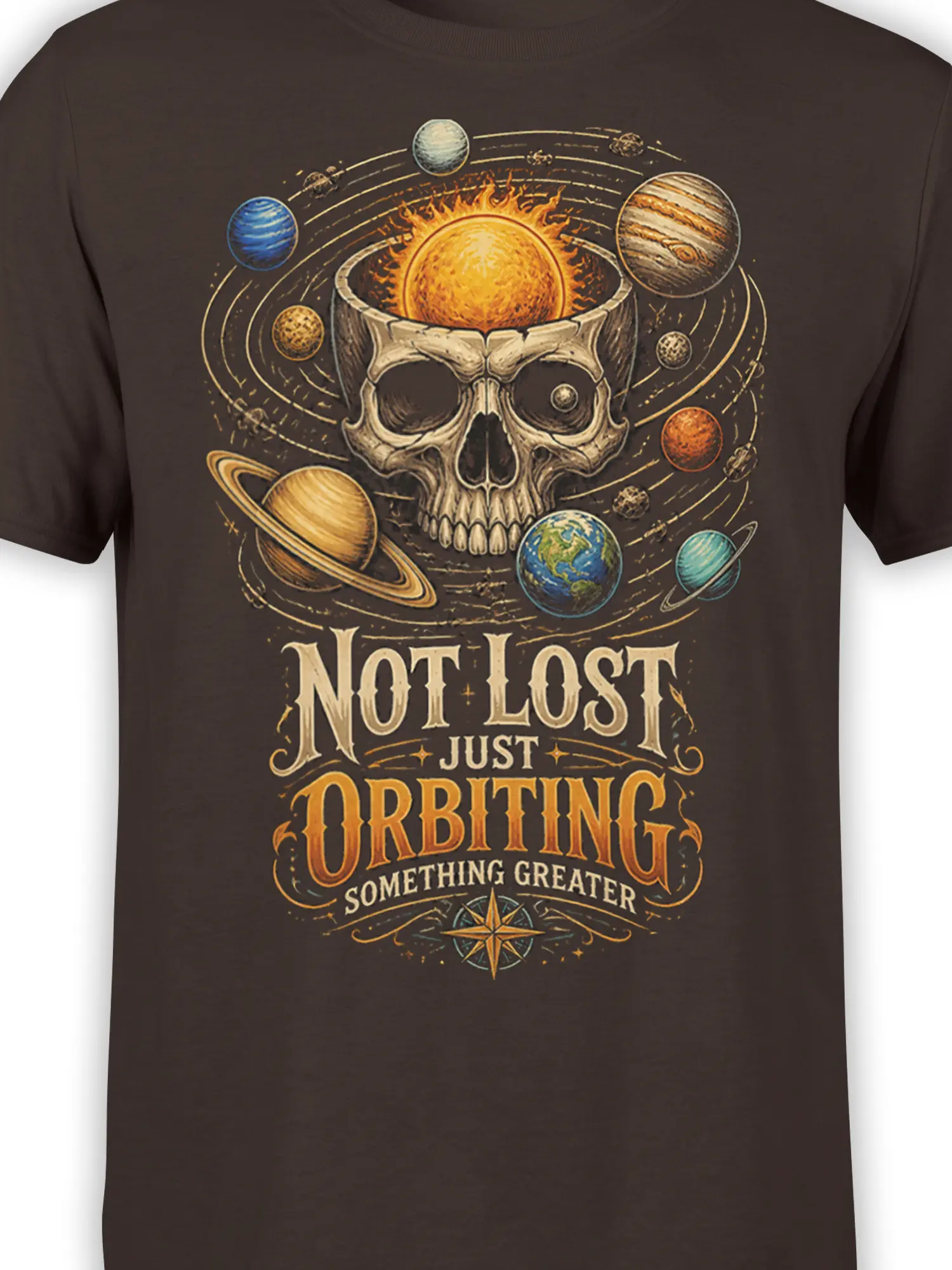 Close-up of the cosmic skull and colorful planets on a dark brown space graphic T-shirt