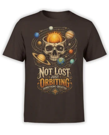 Dark brown space T-shirt with a skull surrounded by colorful orbiting planets and vintage cosmic lettering
