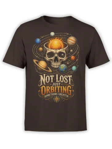 Dark brown space T-shirt with a skull surrounded by colorful orbiting planets and vintage cosmic lettering