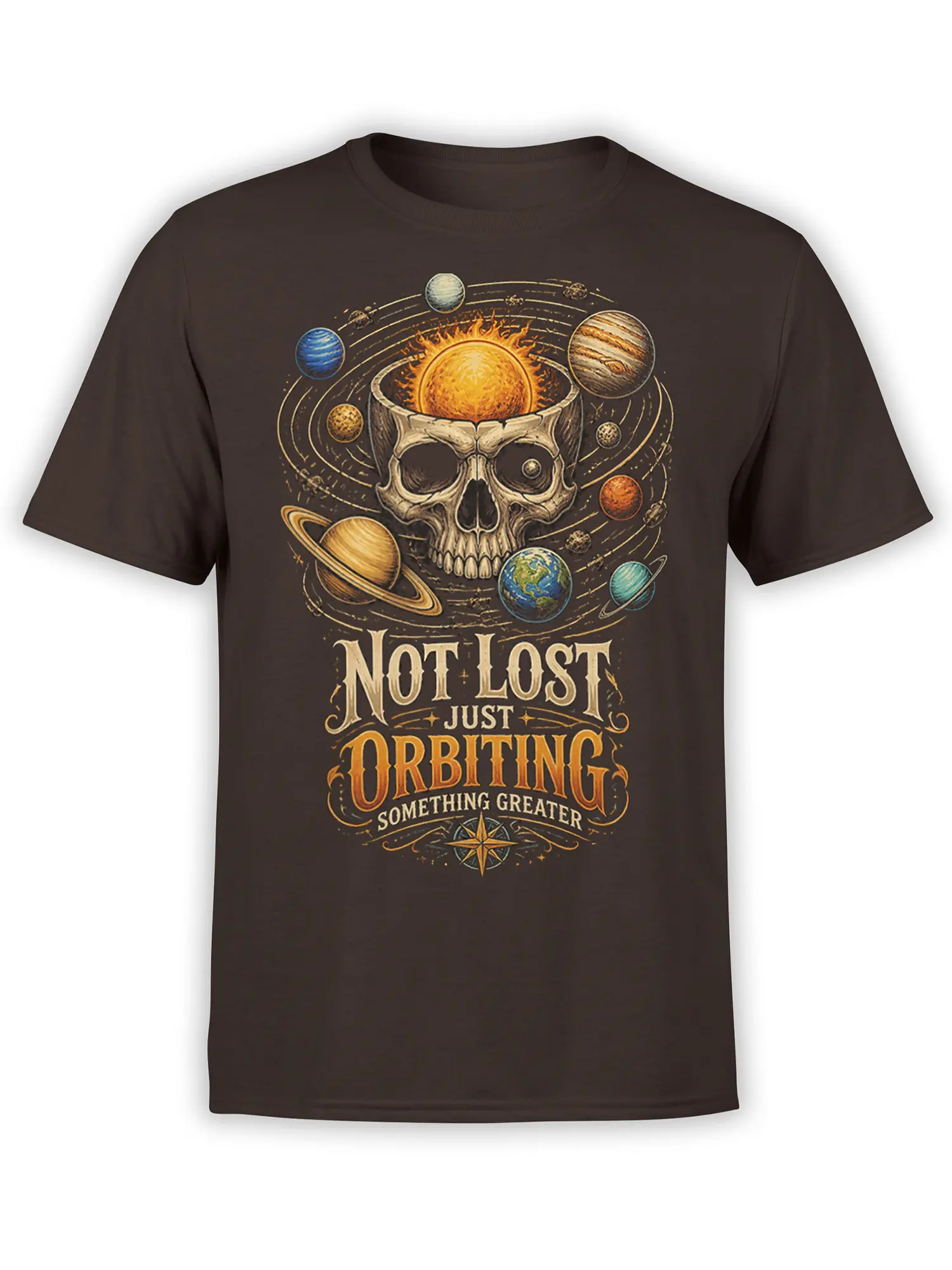 Dark brown space T-shirt with a skull surrounded by colorful orbiting planets and vintage cosmic lettering
