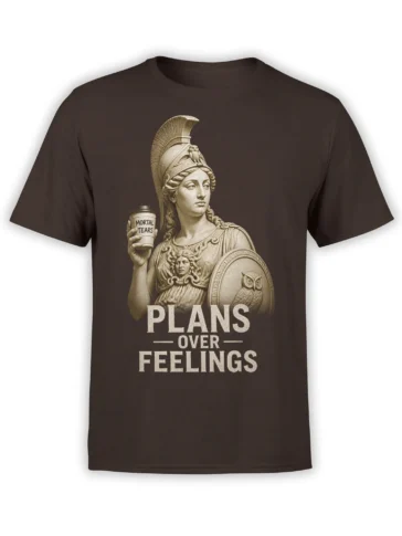 Brown T-shirt with classical owl warrior, shield, mortal tears cup, and Plans Over Feelings graphic