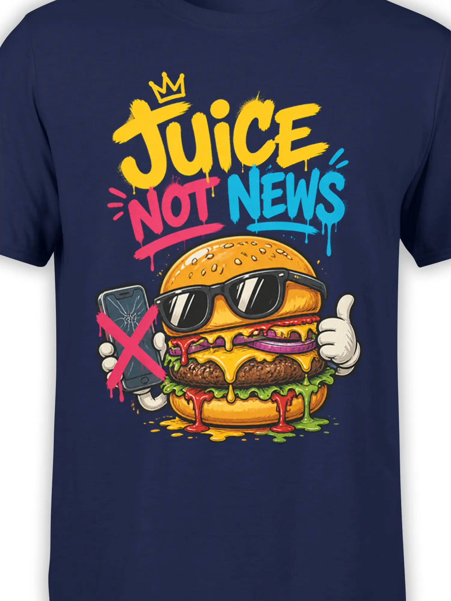 Close-up of crowned burger, sunglasses, crossed phone, and “Juice Not News” artwork on navy fabric