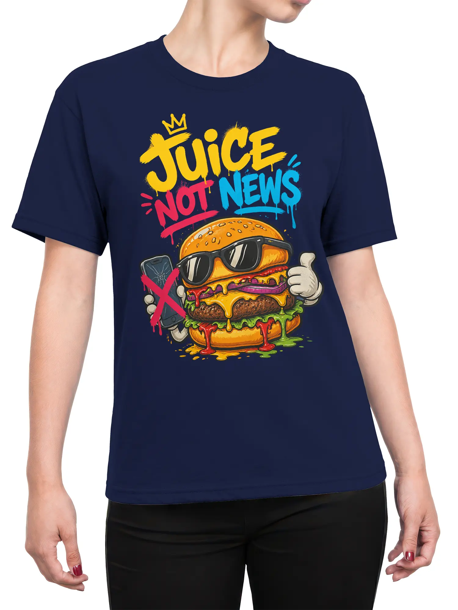 Female torso wearing a navy T-shirt with a crowned burger and “Juice Not News” graphic