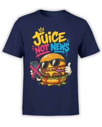 Crowned burger in sunglasses and colorful “Juice Not News” design on a navy burger T-shirt