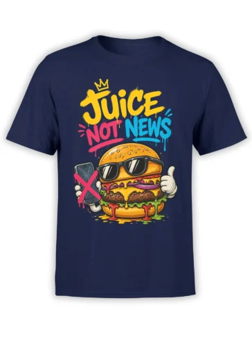 Crowned burger in sunglasses and colorful “Juice Not News” design on a navy burger T-shirt
