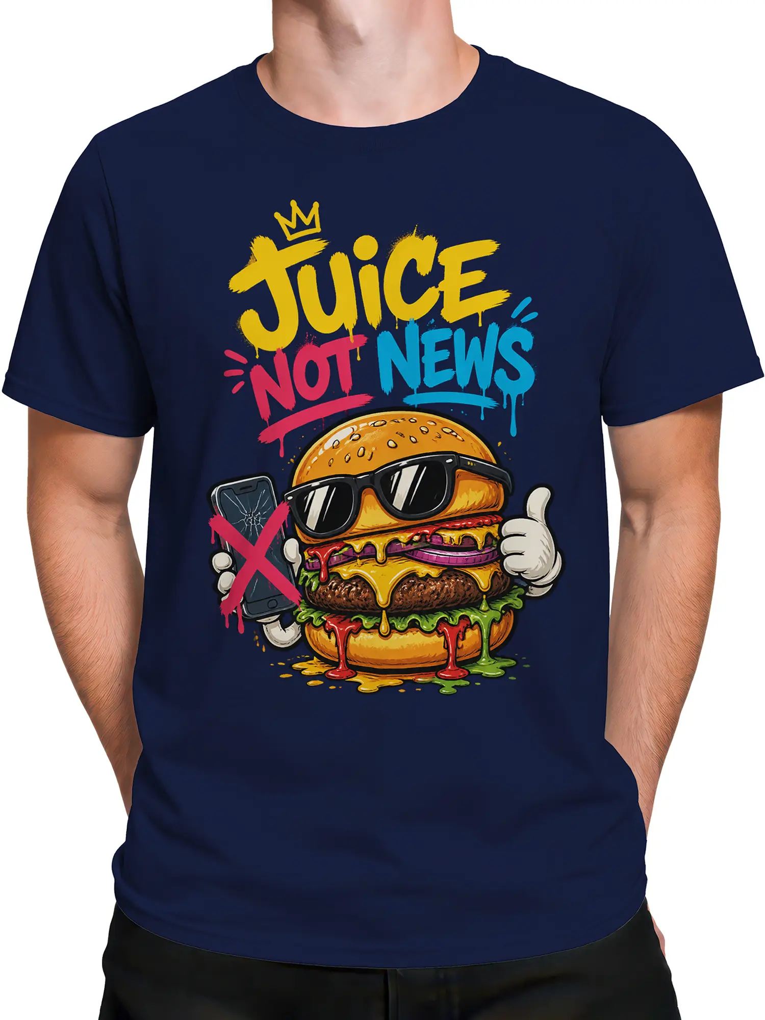 Male torso wearing a navy burger T-shirt with colorful “Juice Not News” artwork