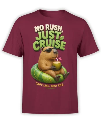 Relaxed capybara in sunglasses holding a coconut drink on a green float, printed on a burgundy T-shirt