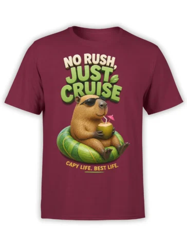 Relaxed capybara in sunglasses holding a coconut drink on a green float, printed on a burgundy T-shirt