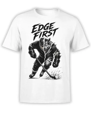 White hockey t-shirt with a fierce wolf player, hockey stick, and bold “EDGE FIRST” graphic