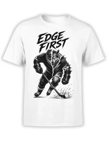 White hockey t-shirt with a fierce wolf player, hockey stick, and bold “EDGE FIRST” graphic