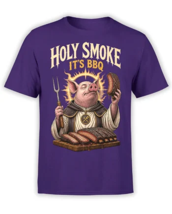 Purple BBQ T-shirt with a holy pig holding smoked meat and a carving fork beneath bold Holy Smoke lettering