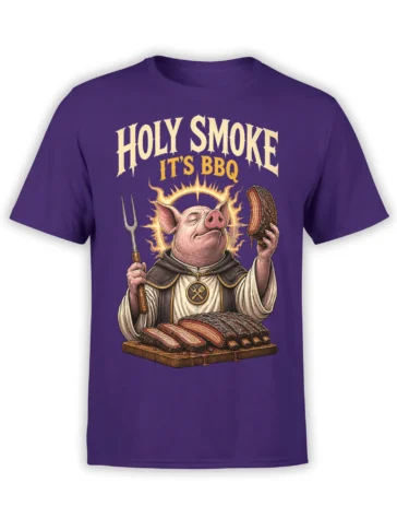 Purple BBQ T-shirt with a holy pig holding smoked meat and a carving fork beneath bold Holy Smoke lettering
