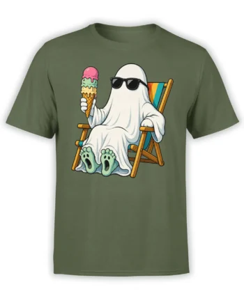 White ghost in sunglasses holding ice cream while relaxing in a deck chair on a green T-shirt