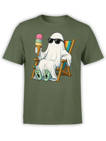 White ghost in sunglasses holding ice cream while relaxing in a deck chair on a green T-shirt