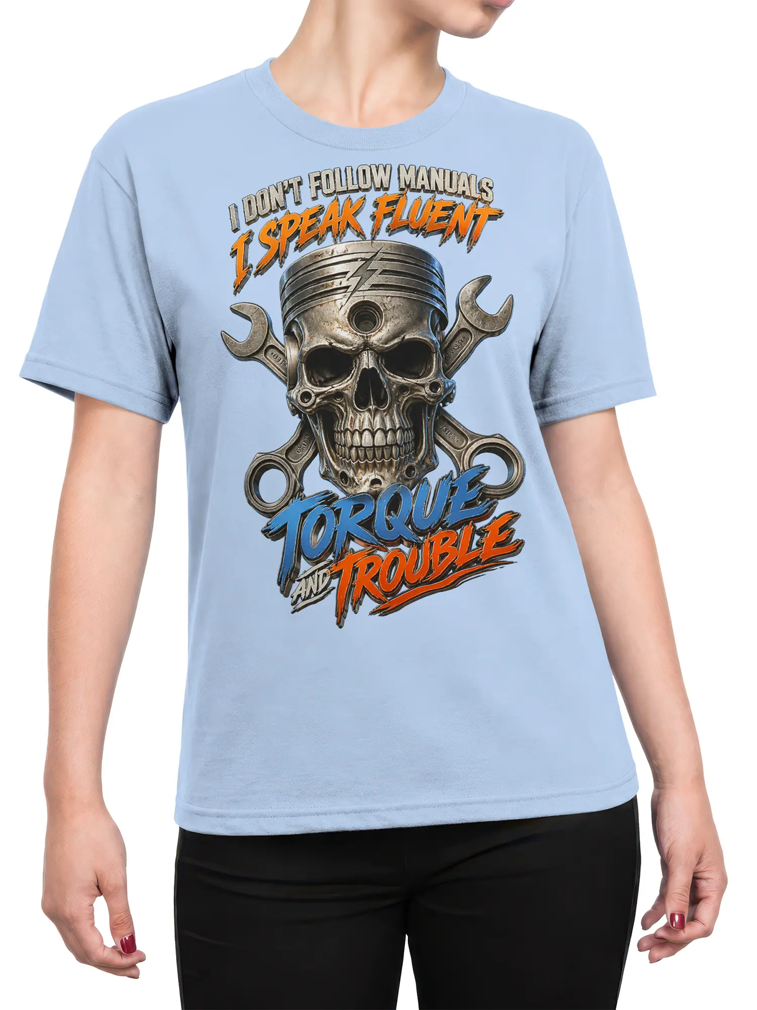 Female torso wearing a light blue mechanic T-shirt with piston skull and crossed wrench graphic