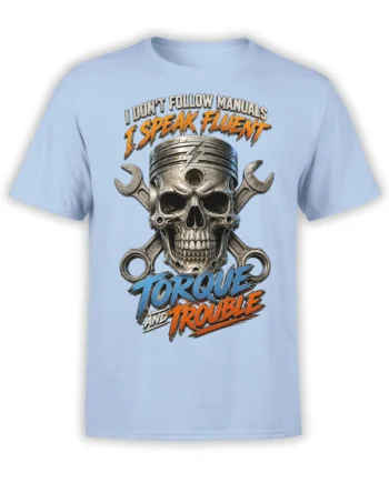 Light blue mechanic T-shirt with a piston skull, crossed wrenches, and bold torque and trouble lettering