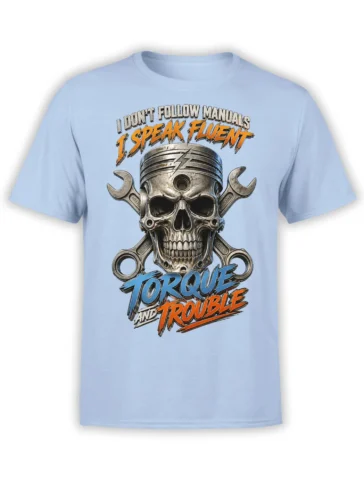Light blue mechanic T-shirt with a piston skull, crossed wrenches, and bold torque and trouble lettering