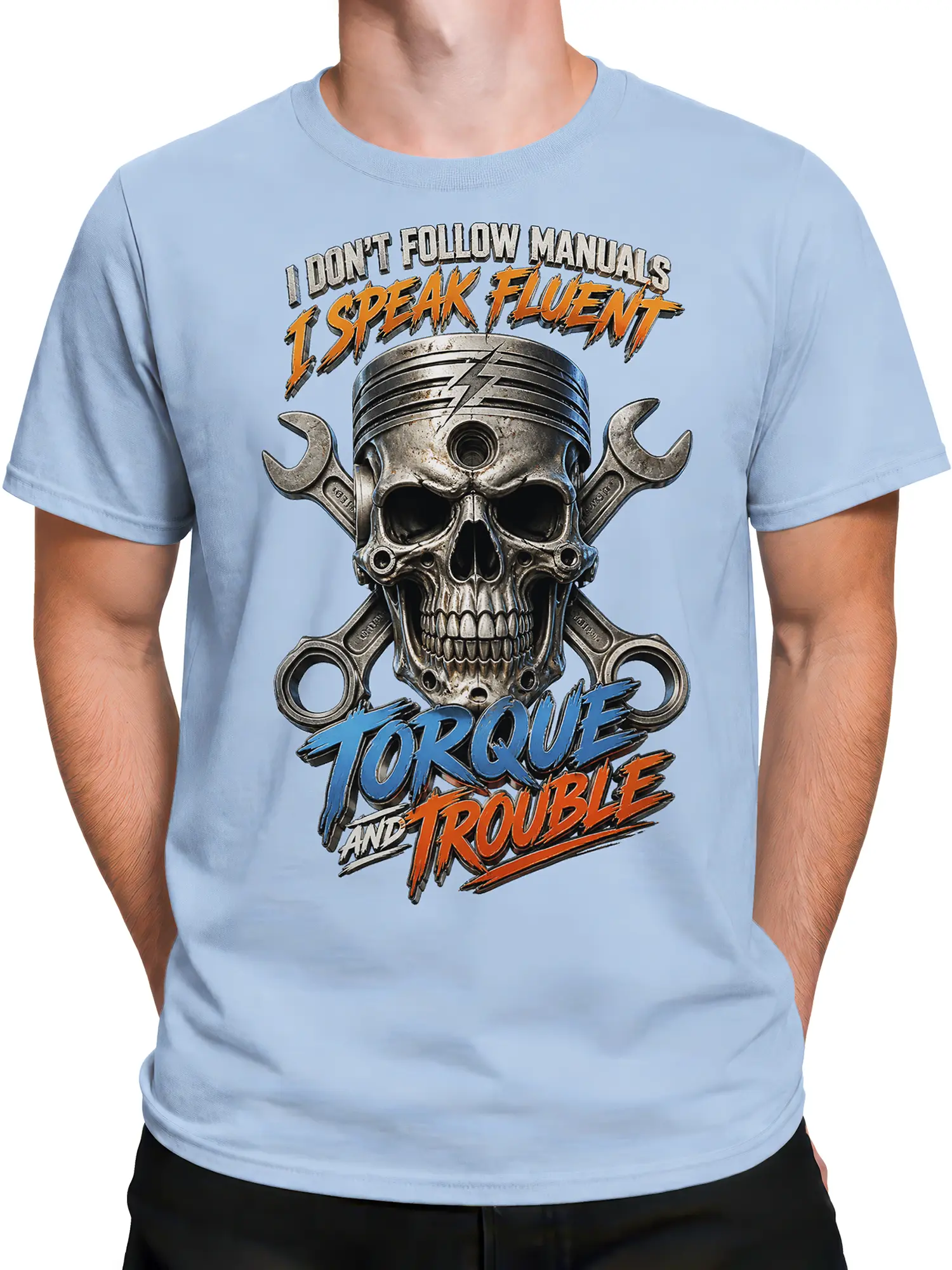 Male torso wearing a light blue mechanic T-shirt with skull, piston, and wrench artwork