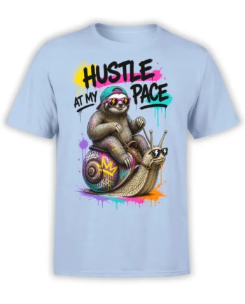 Light blue sloth t-shirt with a sunglass-wearing sloth riding a colorful snail and bold hustle at my pace text
