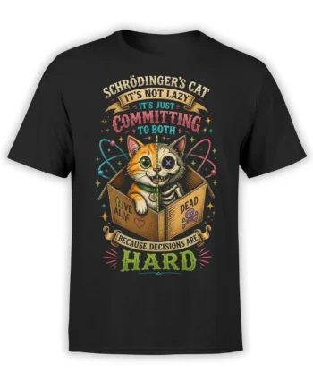 Black cat T-shirt with a split-faced cat in a box, atomic paths, stars, and colorful science humor lettering