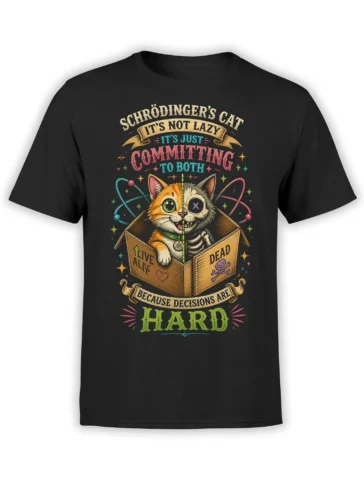 Black cat T-shirt with a split-faced cat in a box, atomic paths, stars, and colorful science humor lettering