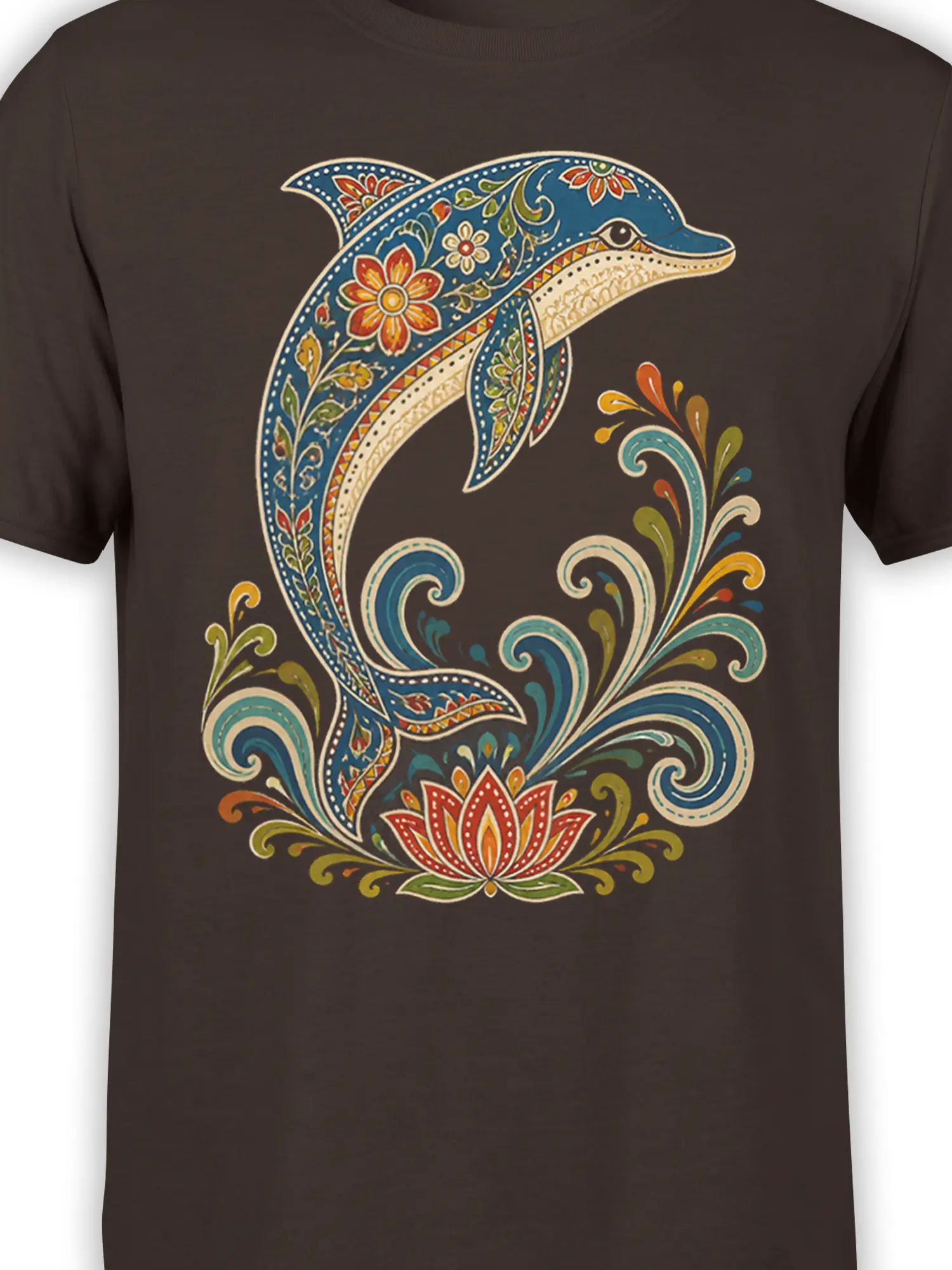 Close-up of blue dolphin, paisley flowers, curling waves, and lotus artwork on brown fabric