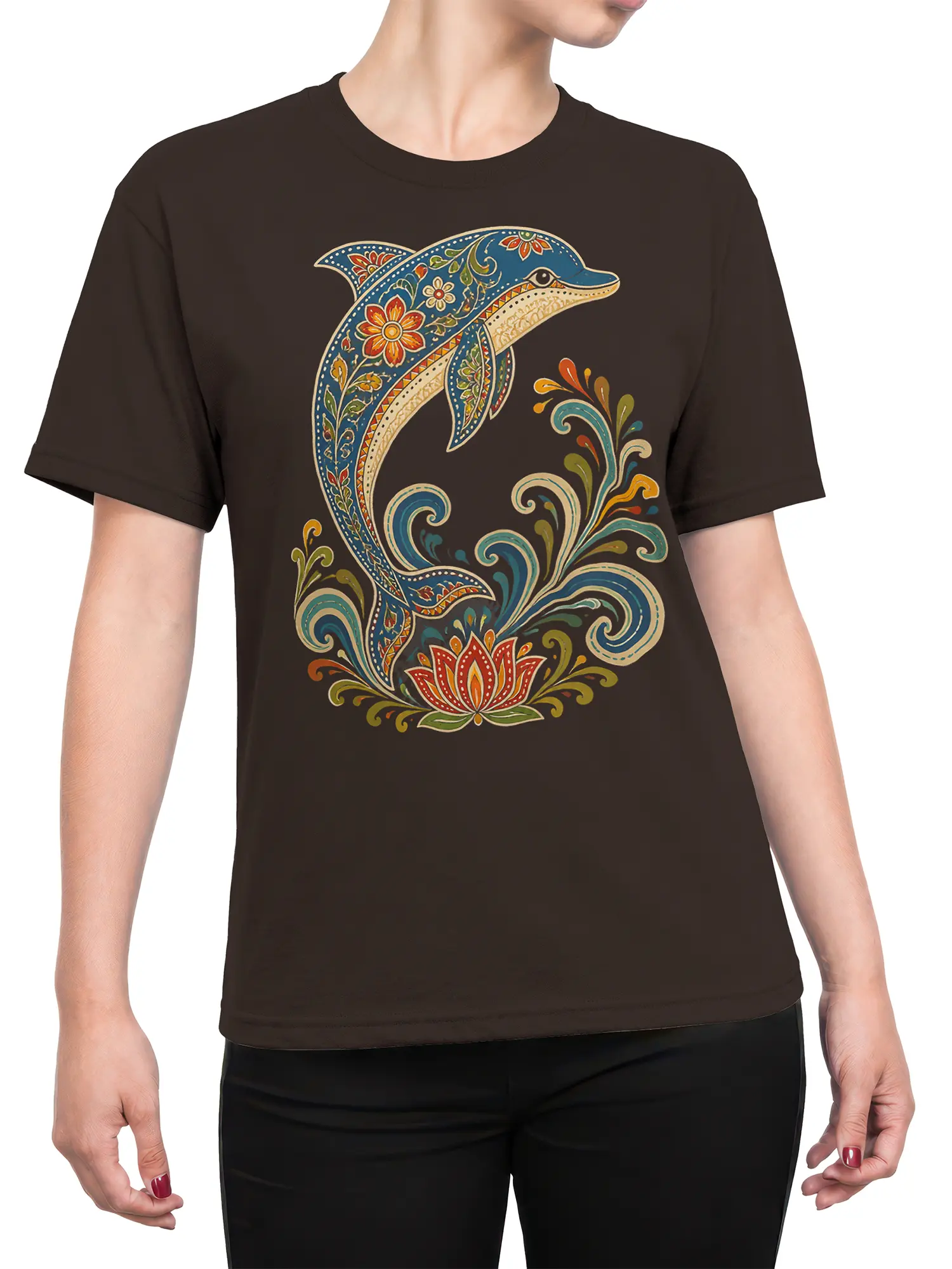 Female torso wearing a brown T-shirt with decorative dolphin, floral paisley, wave, and lotus artwork