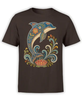 Decorative blue dolphin with paisley flowers and lotus artwork on a brown T-shirt