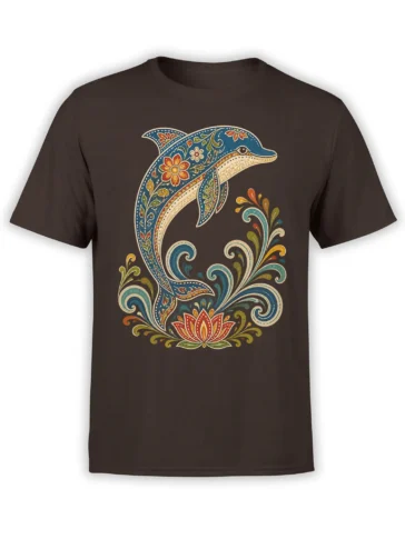 Decorative blue dolphin with paisley flowers and lotus artwork on a brown T-shirt