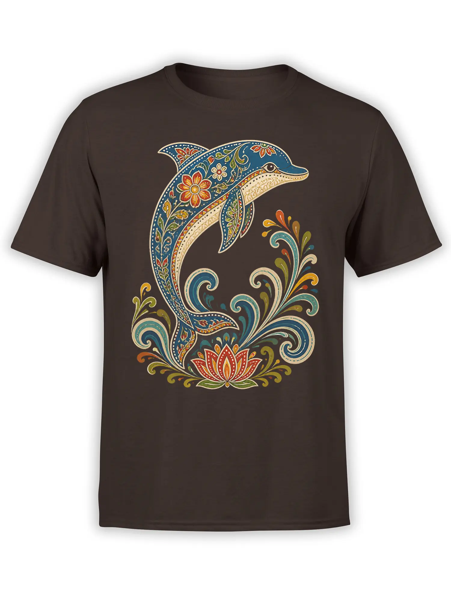 Decorative blue dolphin with paisley flowers and lotus artwork on a brown T-shirt