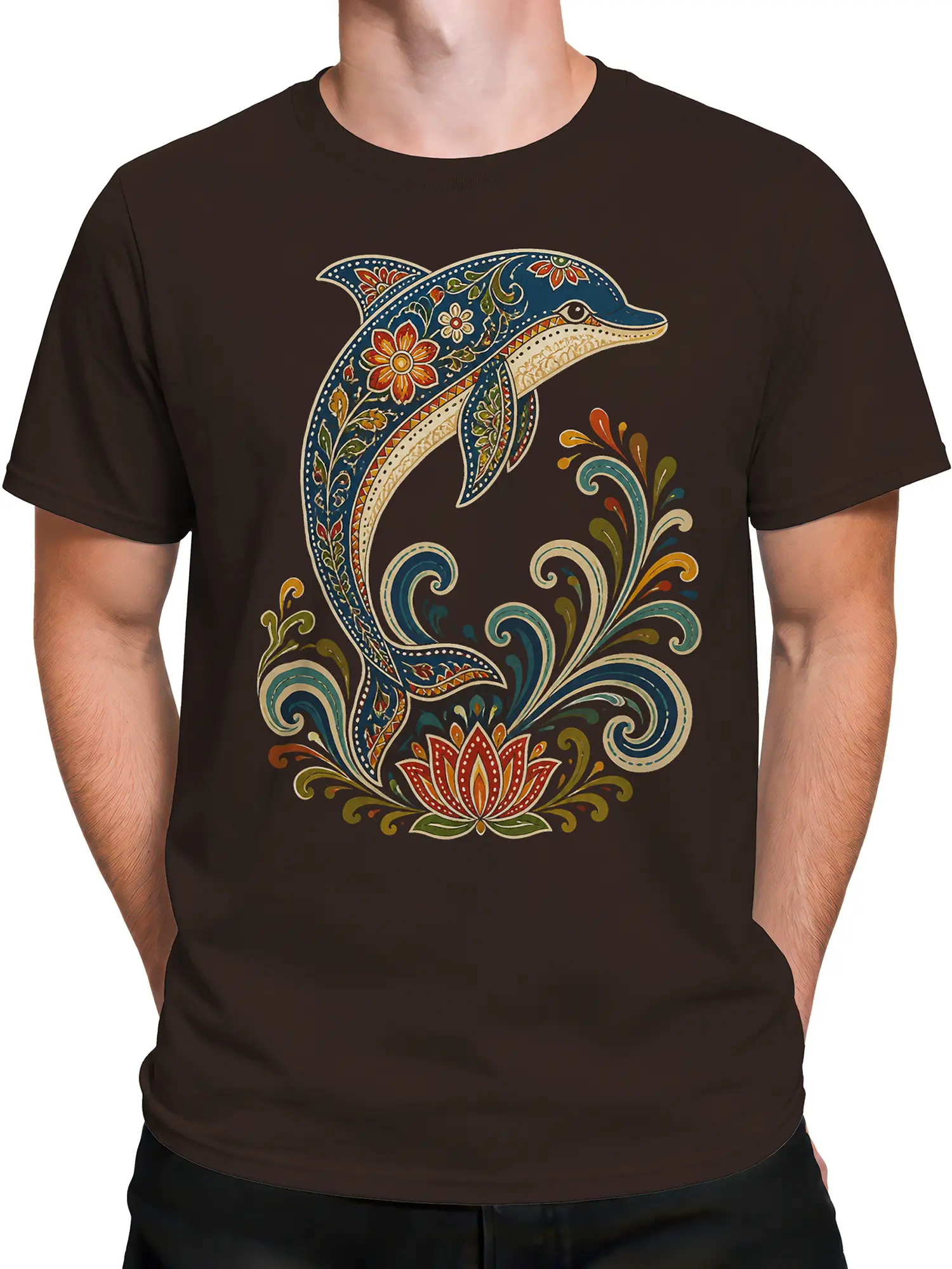 Male torso wearing a brown T-shirt with colorful decorative dolphin and lotus artwork