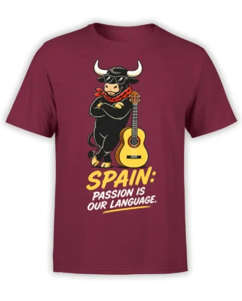 Burgundy T-shirt with a sunglasses-wearing bull, yellow guitar, and Spain passion lettering