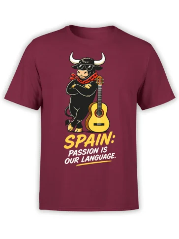 Burgundy T-shirt with a sunglasses-wearing bull, yellow guitar, and Spain passion lettering