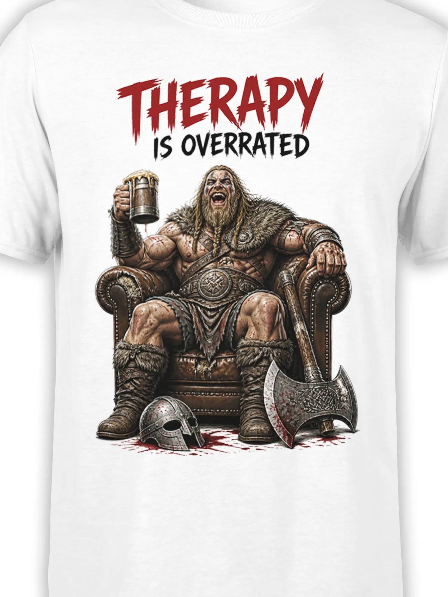 Close-up of Viking warrior graphic with beer mug, battle axe, fur armor, and sarcastic slogan on white fabric